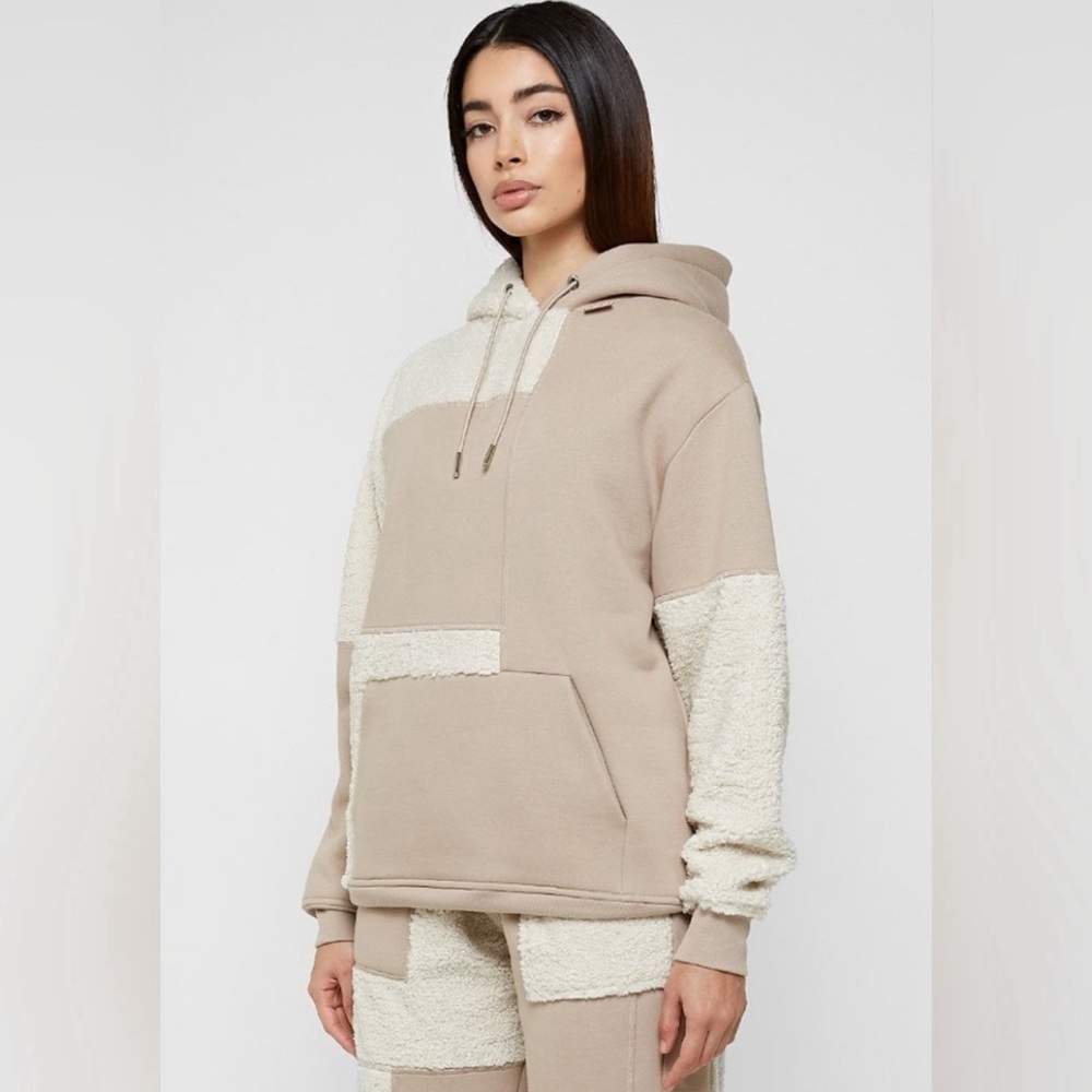 Maniere De Voir Beige Jersey and White Sherpa Hoodie Small